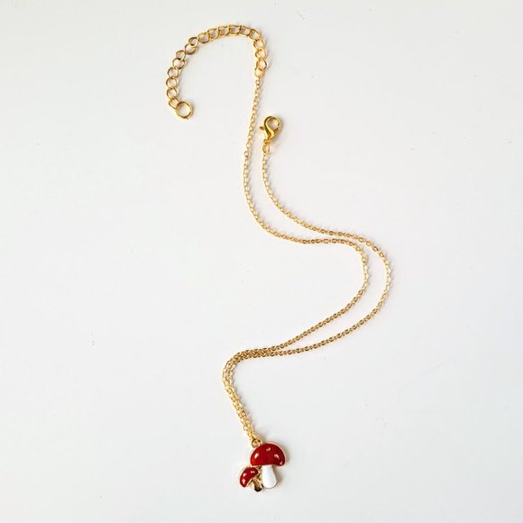Red and White Cute Mushroom Necklace with Dainty Gold Chain - Picture 8 of 9